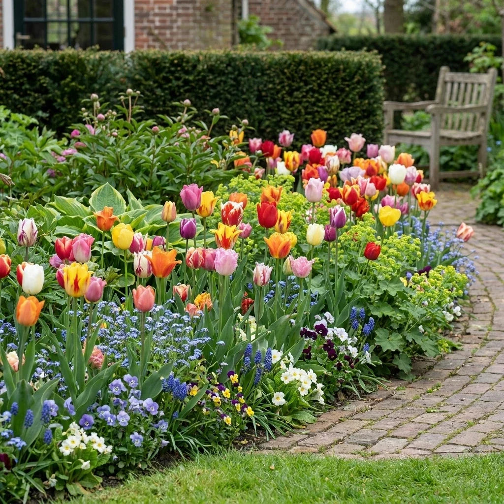 Nederlandse tuinborder vol gemengde tulpen langs een gemetseld pad, met vergeet-mij-nietjes en blauwe druifjes ervoor