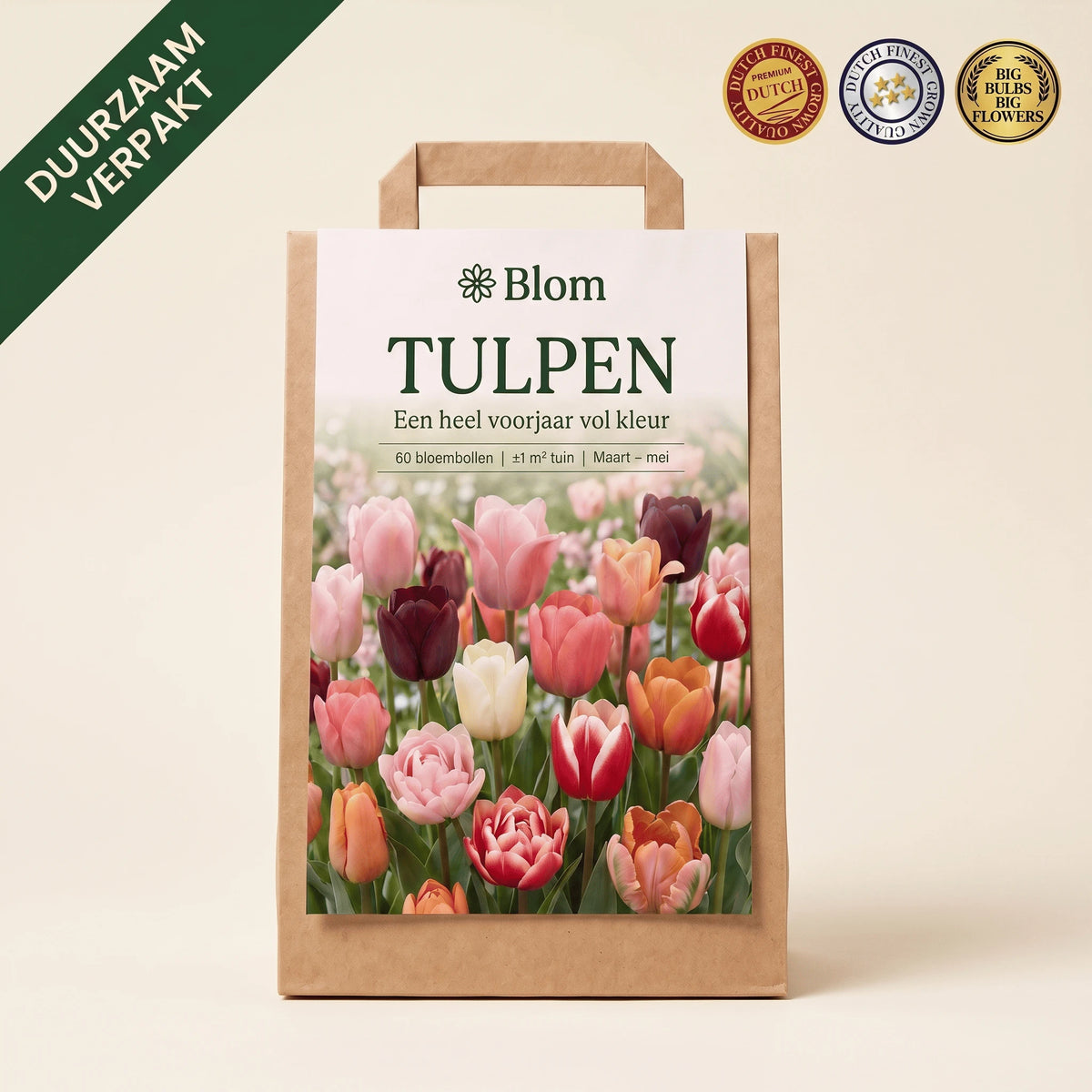 Blom Tulpen bloembollenzak in bruin papier, met 60 bloembollen voor ongeveer 1 m² tuin