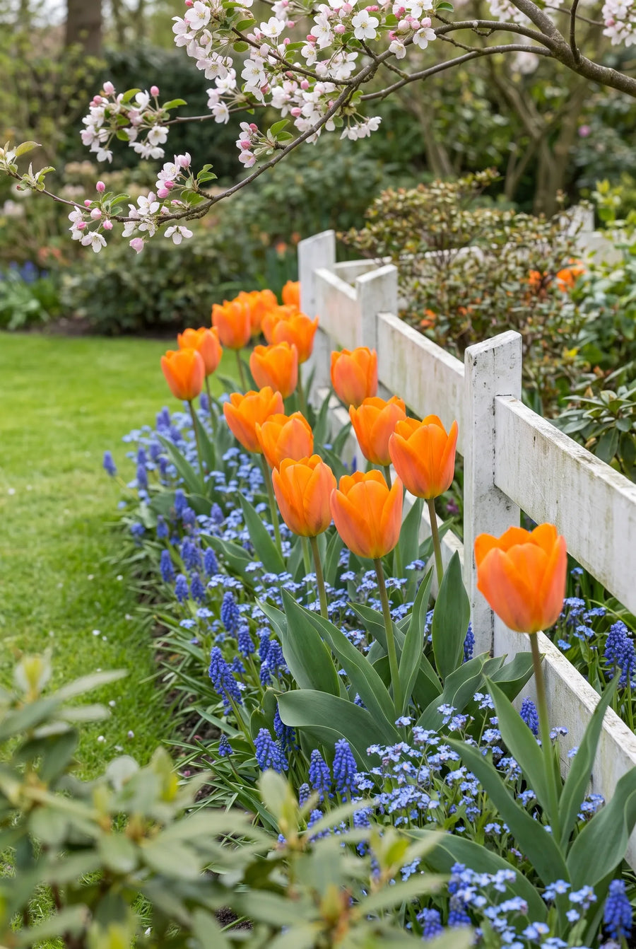Tulipa Orange Emperor — groep in de tuinborder