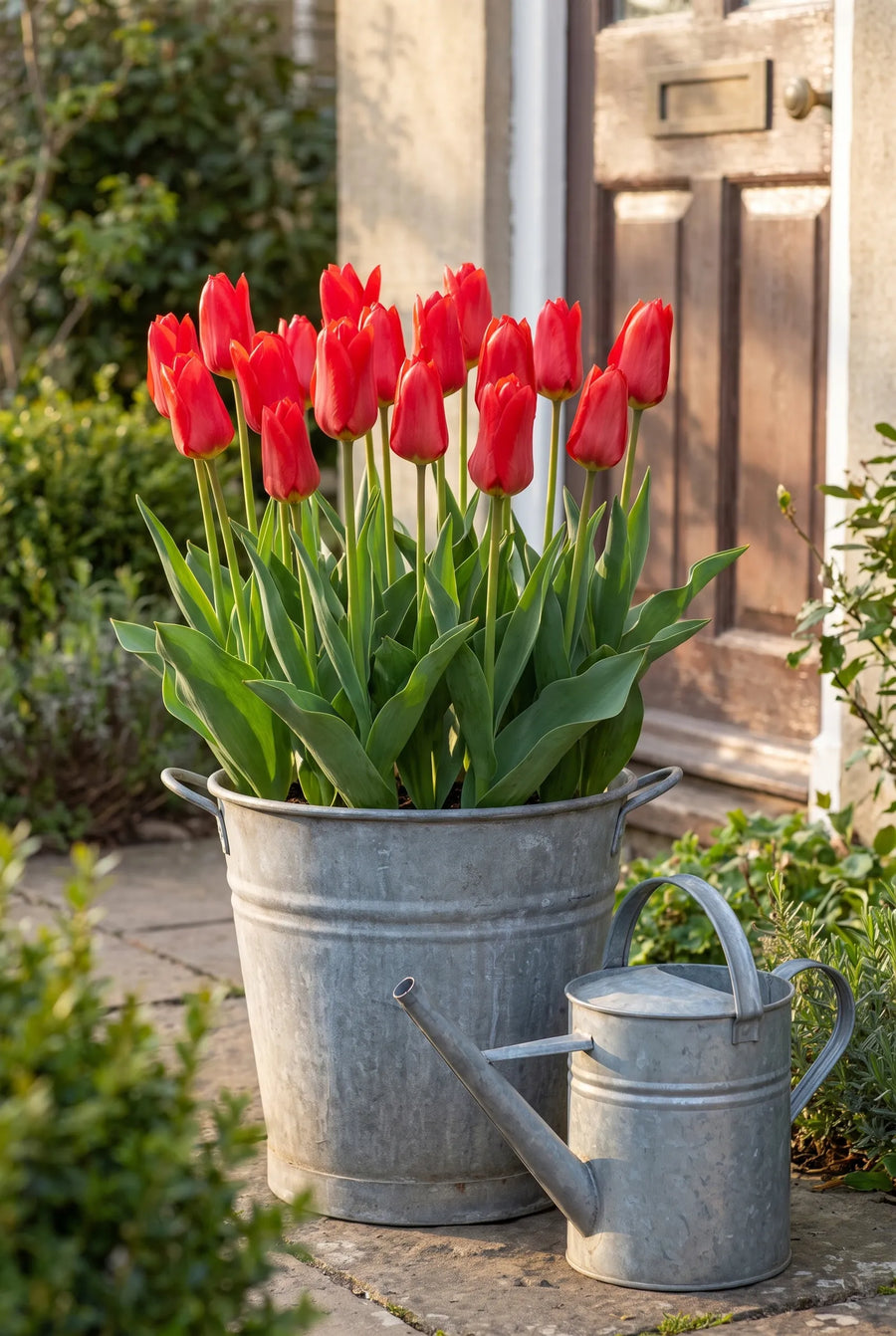 Tulipa Red Emperor — in pot op terras