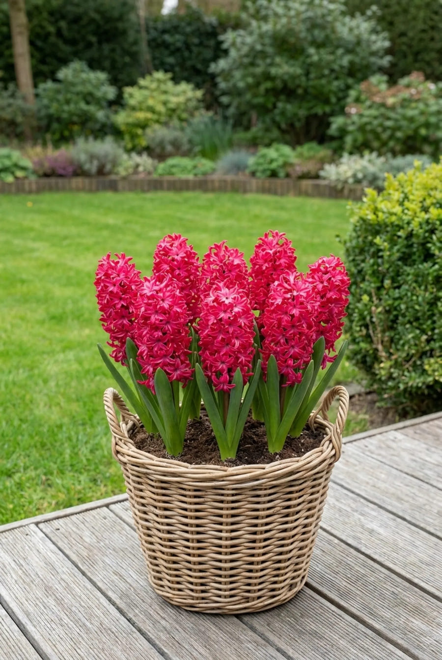 Hyacinthus Jan Bos — in pot op terras