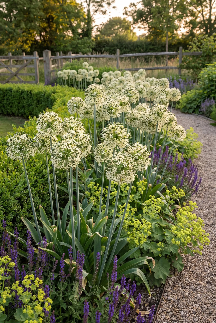 Allium Nigrum — groep in de tuinborder