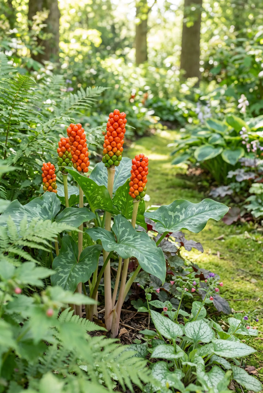 Arum Italicum — groep in de tuinborder