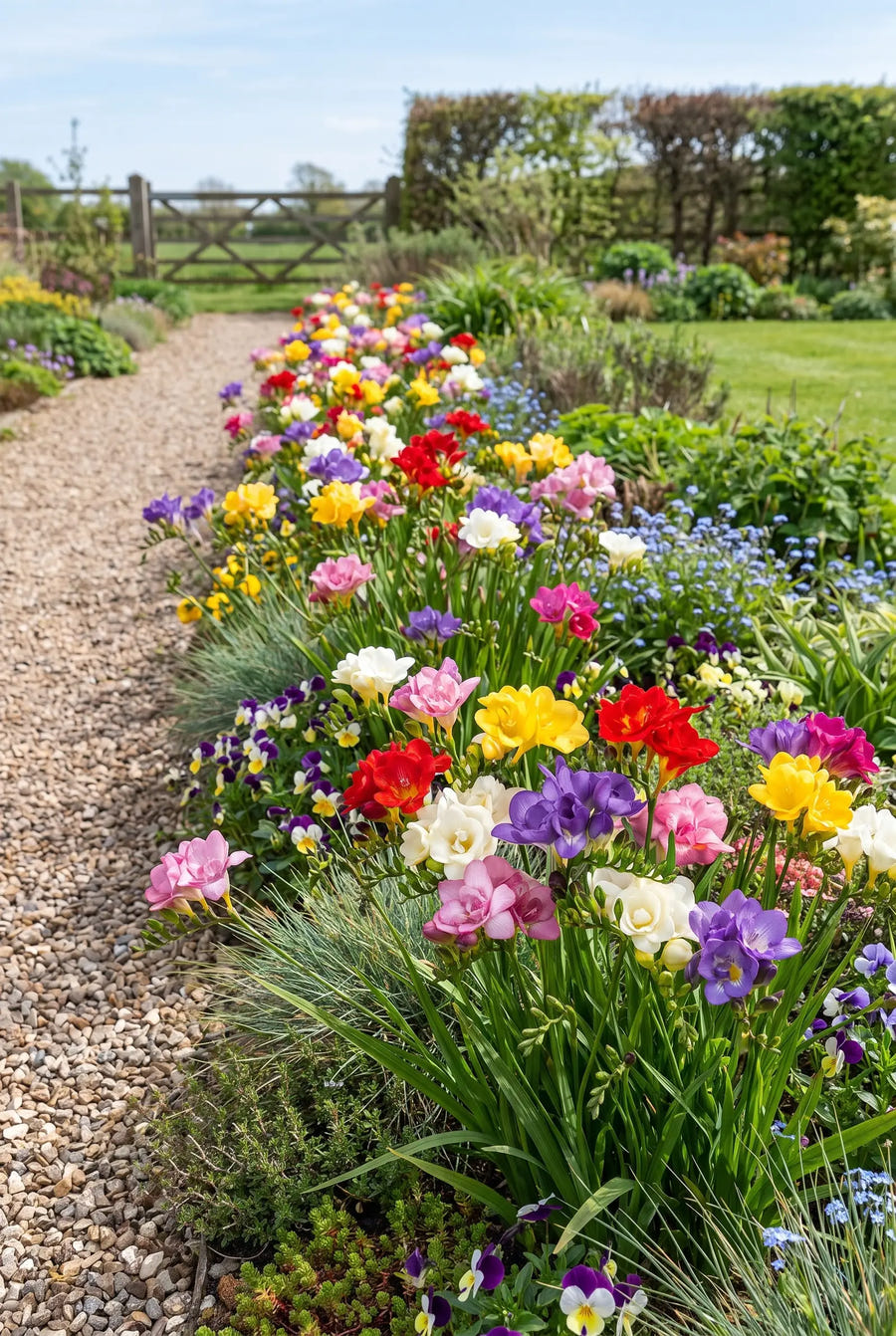 Freesia Double Mixed — groep in de tuinborder