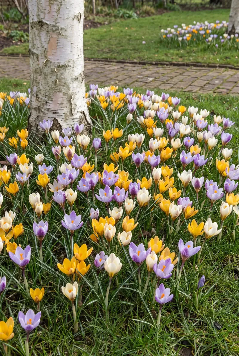 Crocussen in bloei langs de rand van een border in het vroege voorjaar